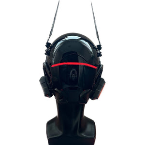 Matte black cyberpunk helmet with antenna blades and red light strips