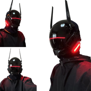 Matte black cyberpunk helmet with antenna blades and red light strips