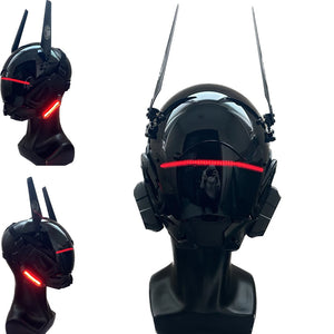 Matte black cyberpunk helmet with antenna blades and red light strips