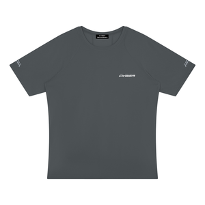 Dark Gray Reflective Running Raglan Shirt laid flat, front view with the white CYBER wordmark
