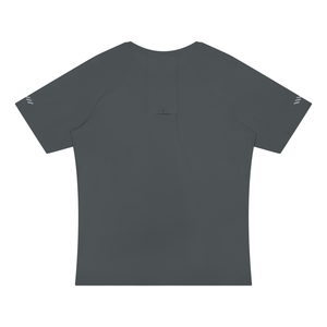 Dark Gray raglan running tee laid flat from the back, showing the small stitched tab between the shoulders
