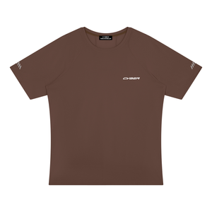 Coffee brown Reflective Running Raglan Shirt laid flat, front view with reflective sleeve stripes