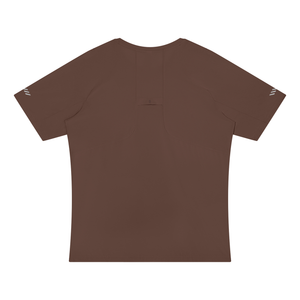 Coffee brown raglan running tee laid flat from the back, plain back with the small stitched tab detail