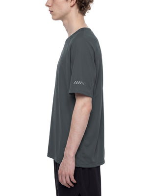 Side profile of the Dark Gray running T-shirt on a model, raglan sleeve with its reflective stripes