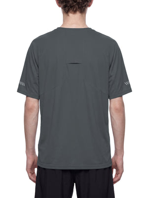 Back view of the Dark Gray reflective running T-shirt on a model, stitched tab high on the back