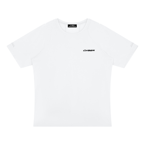 White Reflective Training Raglan Shirt laid flat, front view with reflective stripes near the sleeve hems