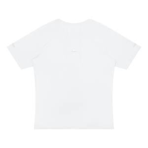 White raglan training tee laid flat from the back, showing the small stitched tab between the shoulders