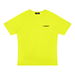 Olive Yellow neon Reflective Training Raglan Shirt laid flat, front view with the black CYBER wordmark
