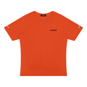 Orange Reflective Training Raglan Shirt laid flat, front view with reflective stripes on both sleeves
