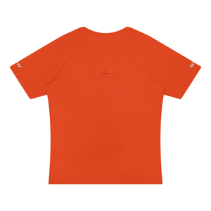 Orange raglan training tee laid flat from the back, showing the stitched tab and the raglan seams