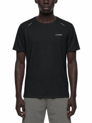 Man in the Black Reflective Trim Athletic T Shirt, front view with the reflective shoulder strips and CYBER logo