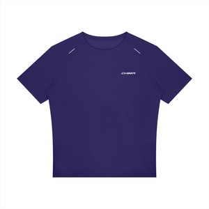 Deep Purple Reflective Trim Athletic T Shirt laid flat, front view with reflective shoulder strips