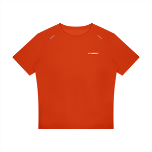 Orange Reflective Trim Athletic T Shirt laid flat, front view with the white CYBER wordmark and shoulder strips