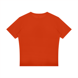 Orange reflective trim gym tee laid flat from the back, plain bright orange back and short sleeves