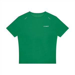 Grass Green Reflective Trim Athletic T Shirt laid flat, front view with reflective strips near the collar