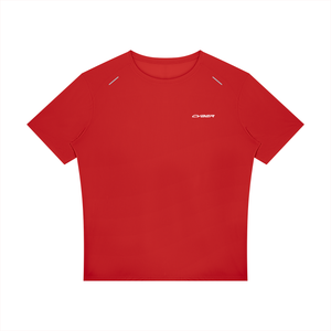 Red Reflective Trim Athletic T Shirt laid flat, front view with the white CYBER wordmark on the chest