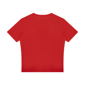Red reflective trim gym tee laid flat from the back, plain red back with short sleeves