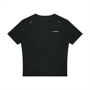 Black Reflective Trim Athletic T Shirt laid flat, front view with two reflective strips on the shoulder seams