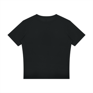 Black reflective trim gym tee laid flat from the back, plain black back with short sleeves