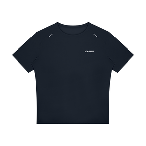 Navy Blue Reflective Trim Athletic T Shirt laid flat, front view with the white CYBER wordmark on the chest
