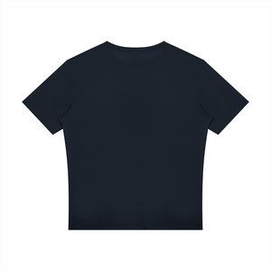 Navy Blue reflective trim gym tee laid flat from the back, plain navy back and straight hem