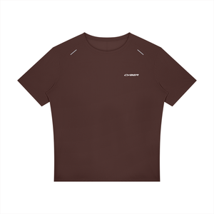 Brown Reflective Trim Athletic T Shirt laid flat, front view with reflective strips along the shoulder seams