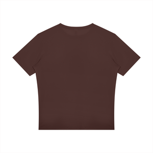 Brown reflective trim gym tee laid flat from the back, solid brown with short sleeves