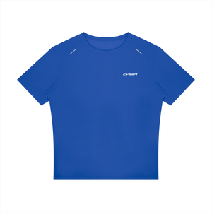 Colorful Blue Reflective Trim Athletic T Shirt laid flat, front view in bright royal blue with CYBER logo