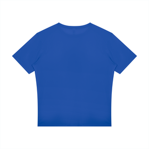 Colorful Blue reflective trim gym tee laid flat from the back, plain royal blue back