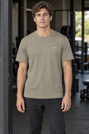 Man wearing the Gray Green Regular Fit Athletic T Shirt in a gym, front view with the small white CYBER logo