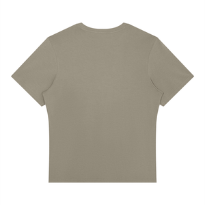 Gray Green gym T-shirt laid flat from the back, plain back with a ribbed crew neck and straight hem