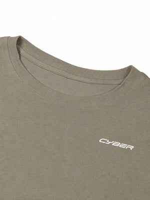 Close-up of the Gray Green tee showing the ribbed crew neck and the white CYBER logo on the chest