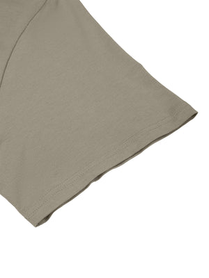 Detail of the short sleeve hem on the Gray Green regular fit gym tee, with its clean stitched edge