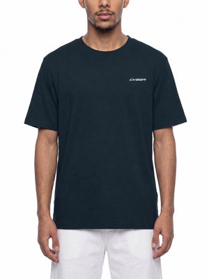 Model in the Gray Blue gym T-shirt on a white background, front view with the white CYBER chest logo