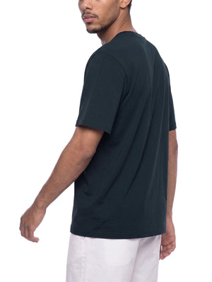 Back three-quarter view of the Gray Blue gym T-shirt on a model, plain back and short sleeves