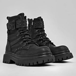 Retro PU leather techwear boots in black, side profile view