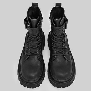 Retro PU leather techwear boots, front view showing lace-up closure