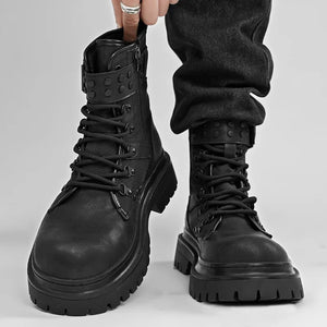Retro PU leather techwear boots, close-up on stitching and grain