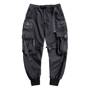 Black ribbon buckle techwear pants with an elastic waist