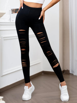 Black high-waisted ripped techwear leggings for women