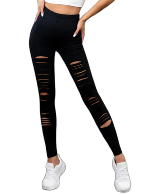 Black high-waisted ripped techwear leggings for women