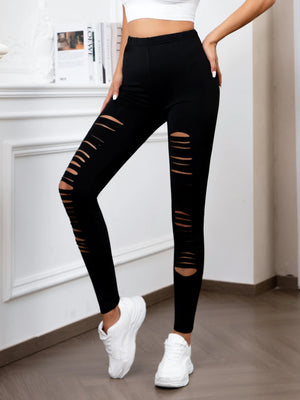 Black high-waisted ripped techwear leggings for women