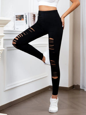 Black high-waisted ripped techwear leggings for women