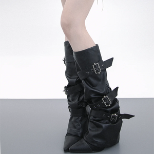 Black PU leather leg warmers with star rivets and buckle straps