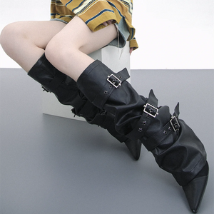 Black PU leather leg warmers with star rivets and buckle straps