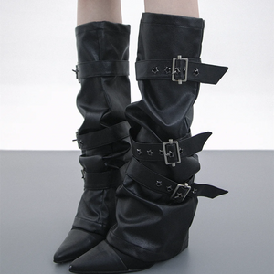 Black PU leather leg warmers with star rivets and buckle straps