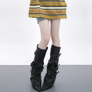 Black PU leather leg warmers with star rivets and buckle straps