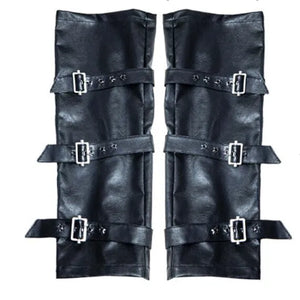 Black PU leather leg warmers with star rivets and buckle straps