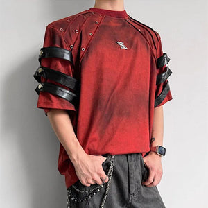 Red riveted strap cyberpunk shirt with black sleeve bands