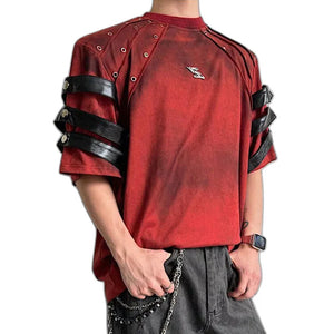 Red riveted strap cyberpunk shirt with black sleeve bands